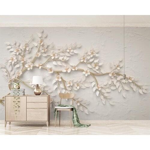 Custom Mural Golden Branch White Flower Mural 3d Three-dimensional Relief обои Background Wall Living Room Decoration Painting