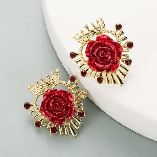 Romantic Heart Crown Red Rose Stud Earrings Alloy Individual Design Retro Temperament Earrings Female Party Gift