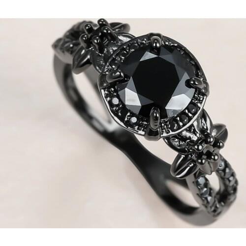 Luxury Male Female Round Crystal Stone Ring Charm 14KT Black Gold Wedding Rings For Women Dainty Bride Flower Engagement Ring