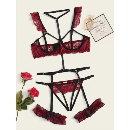 Sexy Lace Lingerie Underwear Set Women Bra And Brief Sets Sleepwear Pajamas Garter 3pcs Bandage Underwear Lenceria Sensual Mujer