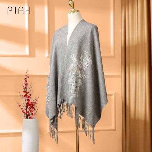 [PTAH] Wool Scarves For Women Thicker Cashmere Shawl Wrap Winter Warm Temperament Elegant Embroidery Large Scarf Ladies 200*60cm
