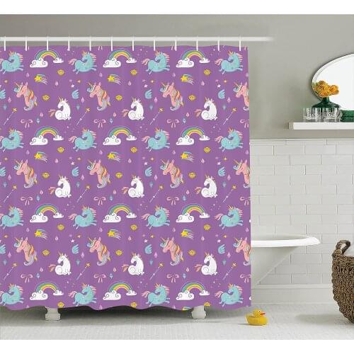 Magic Shower Curtain Unicorn and Rainbows Diamonds Wand Pattern Nursery Room Baby Girl Legendary Creature Bathroom Accessories