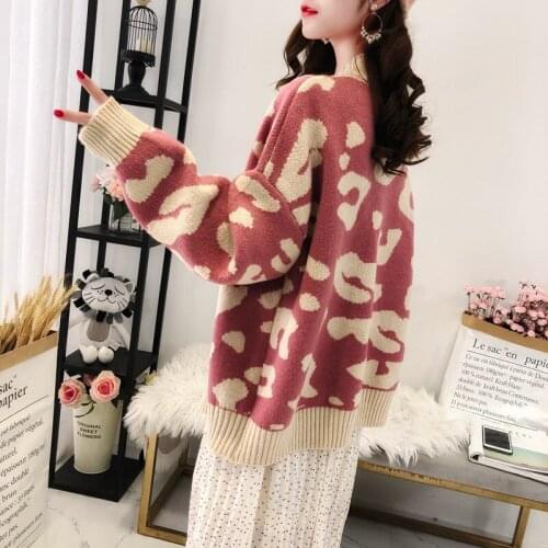 Knitted Cardigan Casual Autumn/winter Korean Harajuku Style Leopard Print Loose Knit Jacket All-match Women Wm