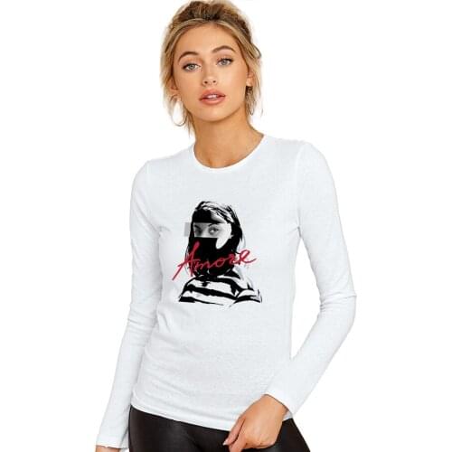 SXYTXE Women Basic Long Sleeve Crew Neck Amoe Printed T-Shirt Casual Fitted Cotton Tops