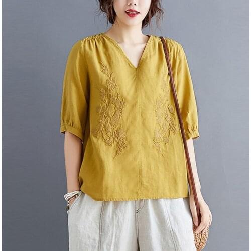 Women Summer Loose Casual T-shirts New Arrival 2021 Simple Style Vintage V-neck Embroidery Female Cotton Linen Tops Tees S2957