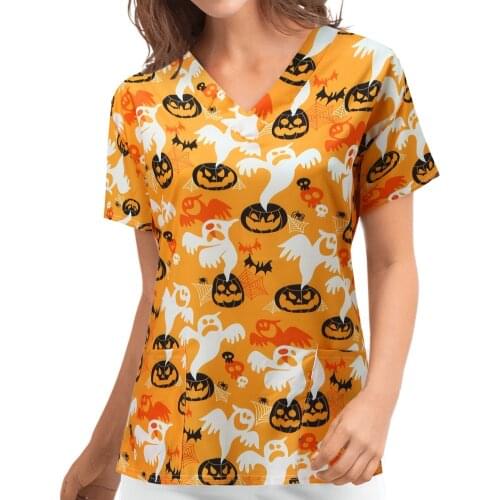 Women Halloween Pumpkin printing Uniform Short Sleeve fashion V-neck plus size Tops summer gothic vintage Hot sale anime clothes
