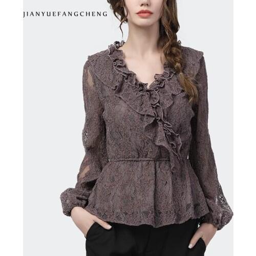 Fashion Ladies Lace Tops 2021 Spring New Long Sleeve Sailor Collar Ruffles V-Neck Elegant Slim Hollow Out Female Floral Blouses