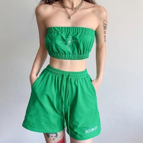SEASONS Streetwear Green Letter Print Tracksuit Women Summer Two Piece Set Casual Tube Top + Shorts Sportswear Outfits ASSU83350