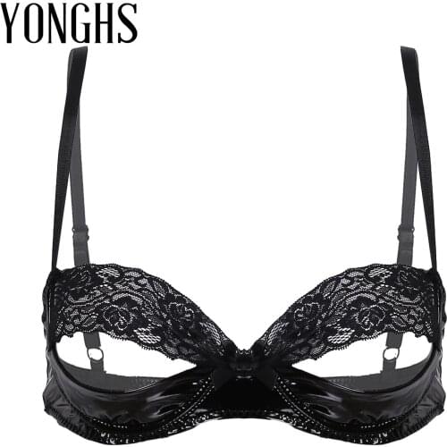 Womens Lingerie Underwear Sleepwear Erotic Lingerie Lace Splice Patent Leather Unlined Cup Bra Top Adjustable Shoulder Strap Bra
