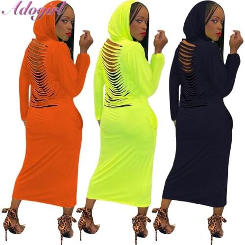 Women Autumn Dress Casual Neon Long Sleeve Back Hole Long Hooded Dress Women Sexy Hollow Out Party Club Dresses Street Vestidos