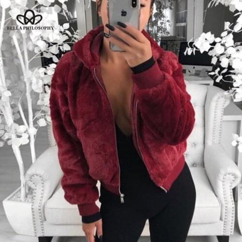 Bella philosophy Women Winter Faux Fur Jackets Coats Hooded Female Loose Coats Casual Street Lady Warm Coats Outwears Plus Size