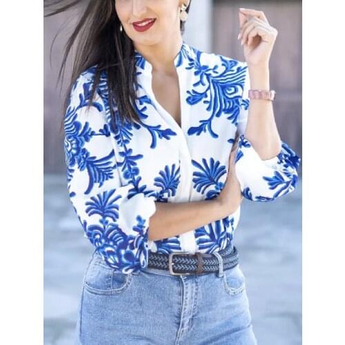 ZXQJ Women White Blue Print Shirt 2021 Autumn Fashion Ladies Casual Stand Collar Shirts Female Long Sleeve Hidden Button Blouse