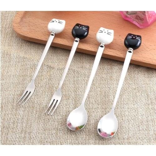 200PCS Ceramic Cat Spoons Stainless Steel Long Stirring Spoon Ice Cream Sugar Tea Dessert Soup Coffee Spoon Tea spoons SN732