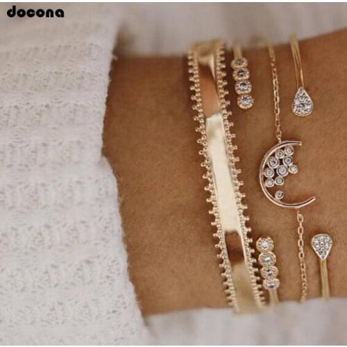 Docona Vintage Moon Crystal Geometric Gold Bracelet Set for Women Bohemian Alloy Opening Bracelet Bangle 4pcs/1set C15209
