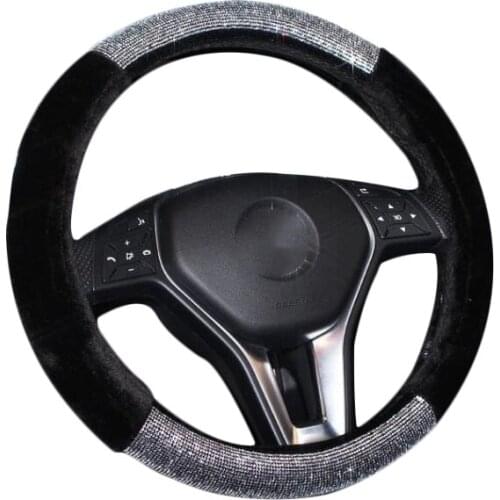 New Short Plush Fur Car Steering Wheel Cover Crystal Rhinestone Steering Wheel Cover Universal Size 38cm Black Auto Accessories