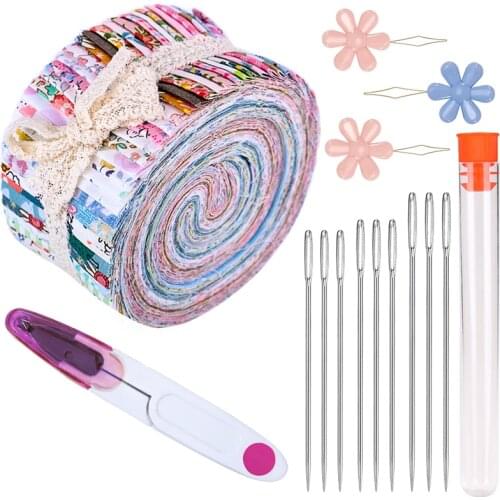 Dailylike Jelly Roll Fabric, Roll Up Cotton Fabric Quilting Strips, Patchwork Craft Cotton Quilting Fabric+ Sewing Needle tool