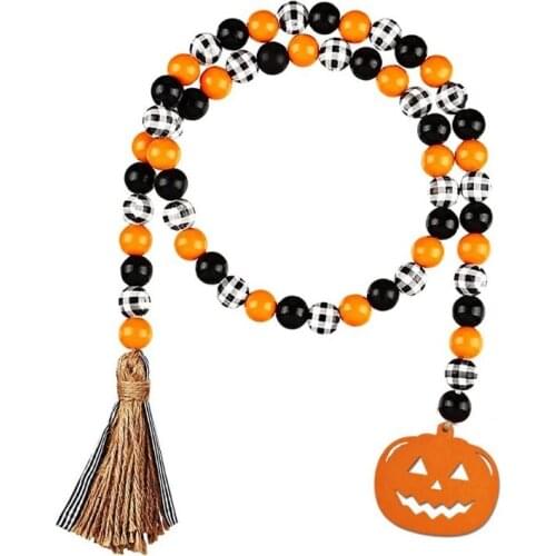 Halloween Wood Bead Decorated with Pumpkin Garland Pendants Party Happy Halloween Pumpkin Tassel Tag Wall Door Goods Decorations