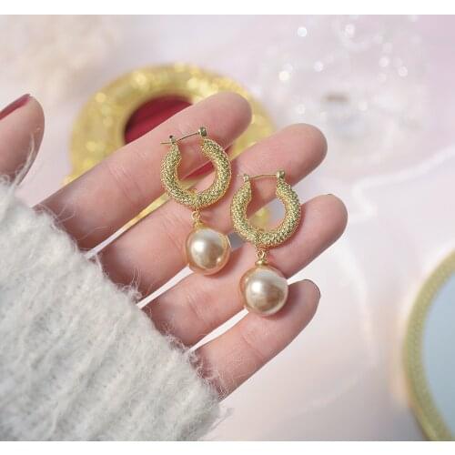 Korea Fashion Jewelry 14k Real Gold Plated Retro Champagne Pearl Exquisite Earrings for Woman Shine Holiday Elegant Earring