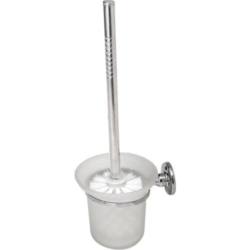 KSOL Chrome Round Wall Mounted Toilet Brush and Frosted Glass Toilet Brush Holder
