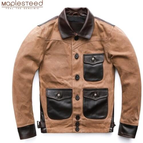 Fashion Men Jacket Men Oil Wax Genuine Leather Cowhide & Canvas Brown Green Slim Fit Jackets Male Leather Coat Autumn M227