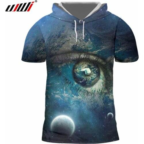 UJWI Starry Star Hooded T Shirts Men Summer Tops Cool Space Printed T-shirts Map Tshirts Hombre Short Sleeve Hoodies Shirts 7XL