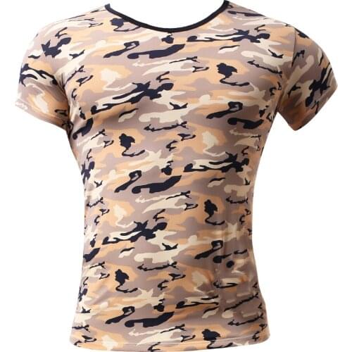 Men Camo T-Shirt Stretchy Short Sleeves Desert Camouflage Shirt S-XL