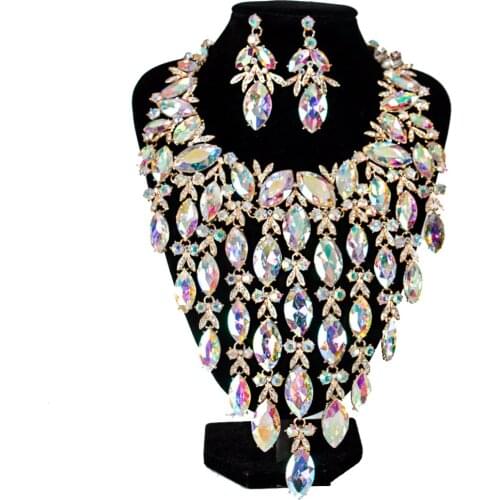 Lan palace luxury big crystal bridal jewelry set six colors necklace and earrings for wo'men free shipping