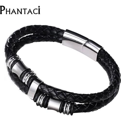 No Fade Mens Black Cow Genuine Leather Wrap Bracelet Titanium Stainless Steel Magnetic Rope Chain Male Charm Bracelet For Men