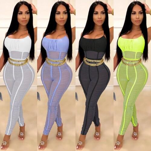 Sheer Mesh Patchwork Jumpsuit Spaghetti Strap Stacked Legs Bodycon Slim Mesh Perspective Sexy Nightclub Plus Size Jumpsuits
