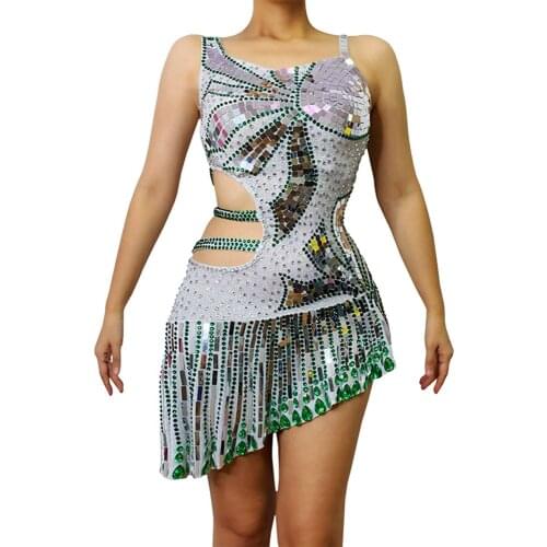 Silver Green Rhinestone Sequin Sleeveless Short Dress Women Dancer Singer Show Prom Costume Evening Birthday Celebrate Dress