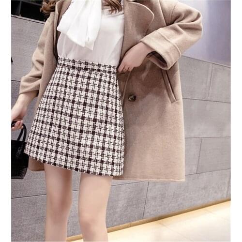 Woolen A Line Mini Skirt Women Soft Warm Korean Casual Plaid Streetwear New Basic Female Wool Khaki Houndstooth Skirt