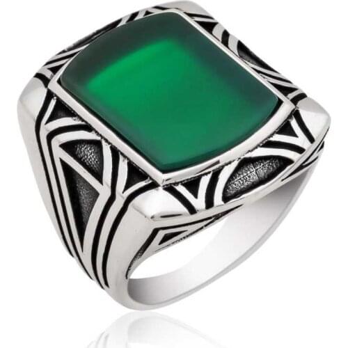 Tevuli 925 Sterling Silver Green Agate Stone Men 'S Ring