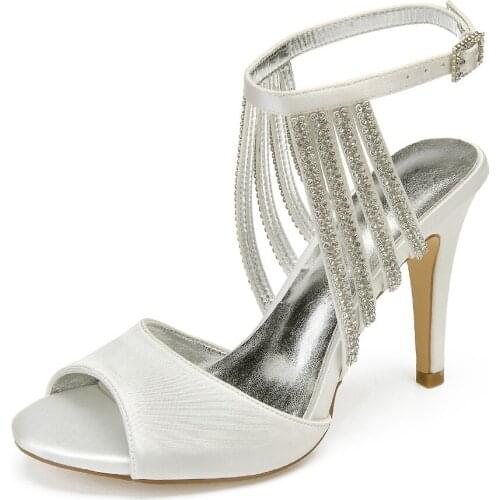 Fashion satin evening dress shoes sandals thin ankle strap crystal rhinestone diamonds women pumps wedding party prom high heels