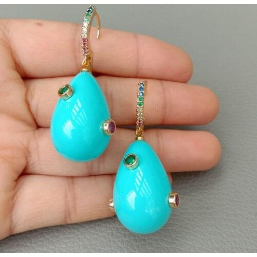 YYGEM Teardrop Blue Sea Shell Pearl Mixed color Cubic Zirconia Pave gold color hoop Earrings cute style for women jewelry