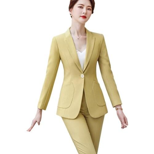 Autumn Winter Women Yellow Green Purple Black Pant Suit 2 Piece Set Office Ladies Business Work Formal Blazer Jacket And Trouser