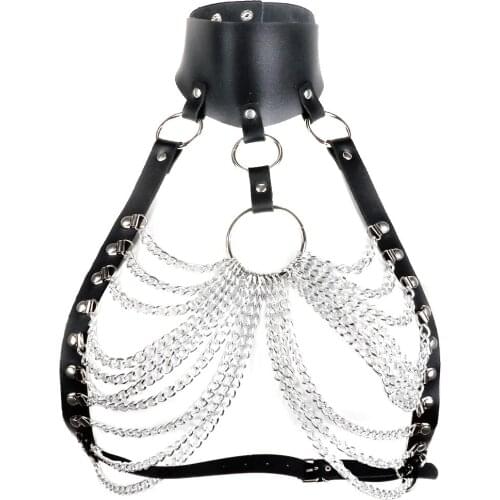 Women Faux Leather Erotic Tank Body Chest Harness Belts Metal Chain Tassels Lingerie Punk Goth Rave Hot Sexy Bra Bondage Harness