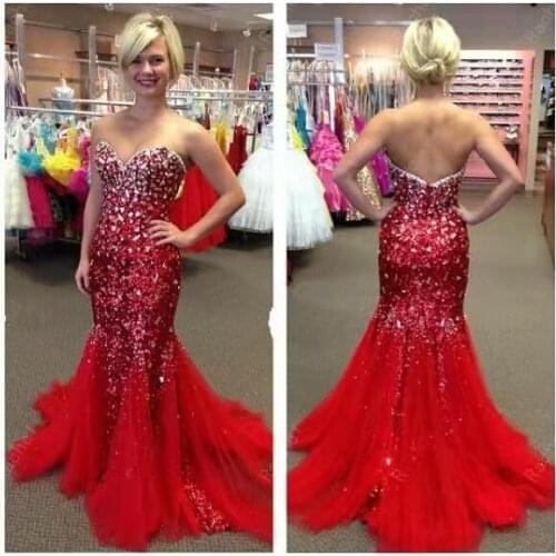 Elegant Red Long Beaded Mermaid Prom Dresses with Train Open Back Robe De Soiree Floor Length V-Neck Formal Party Gown for Women