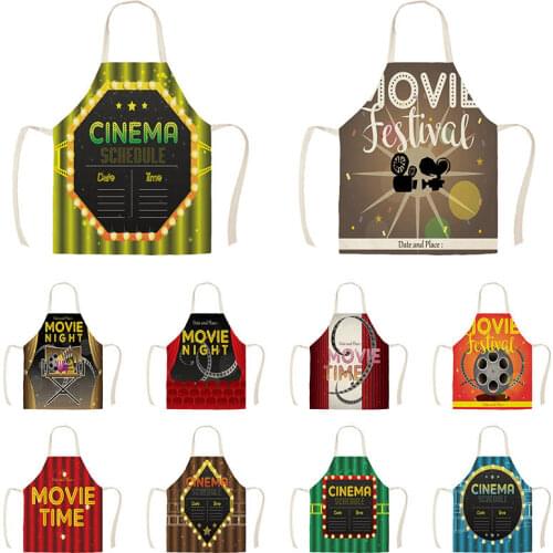 1Pcs Kitchen Apron Movie Night Popcorn Printed Sleeveless Cotton Linen Aprons for Men Women Home Cleaning Tools WQ1068