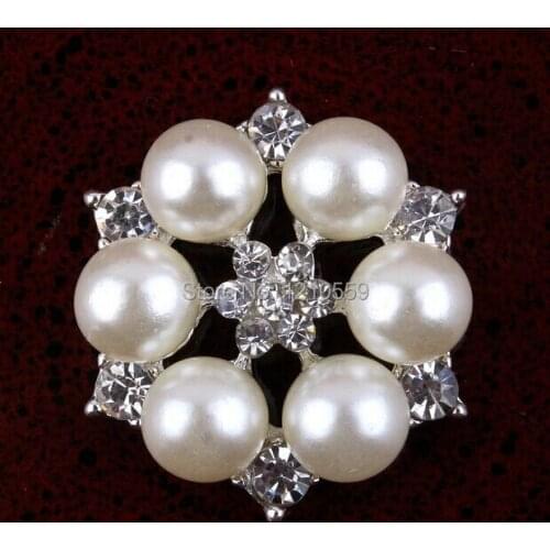 30 Pieces 27mm Silver Flower Shape Flat Back Rhinestone Crystal Pearl Button
