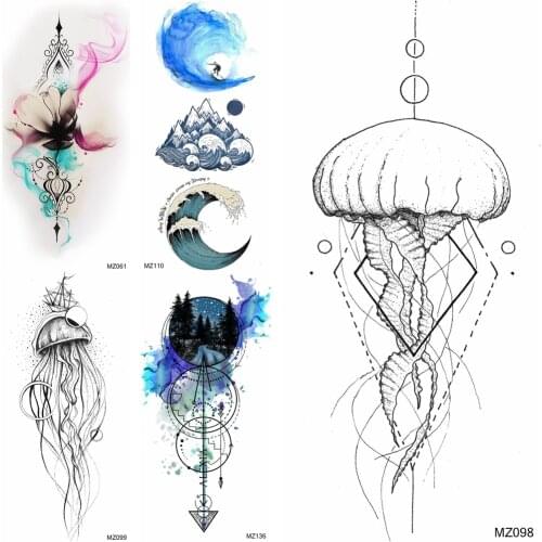 3D Jellyfish Temporary Tattoos Sticker For Women Men Body Art Drawing Arm Legs Tattoos Fake Wave Anchor Waterproof Tatoo Sticker