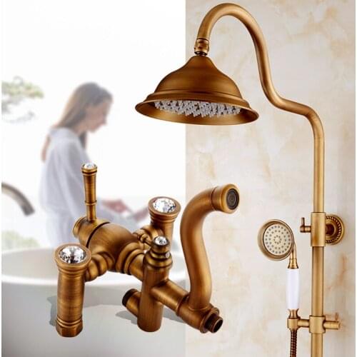 Antique copper diamond shower faucet set shower head, Bathroom wall mounted rain shower faucet mixer water tap brass shower set