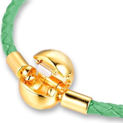 Shine Green Leather Bracelets 100% Authentic 925 Sterling Silver Jewelry Free Shipping