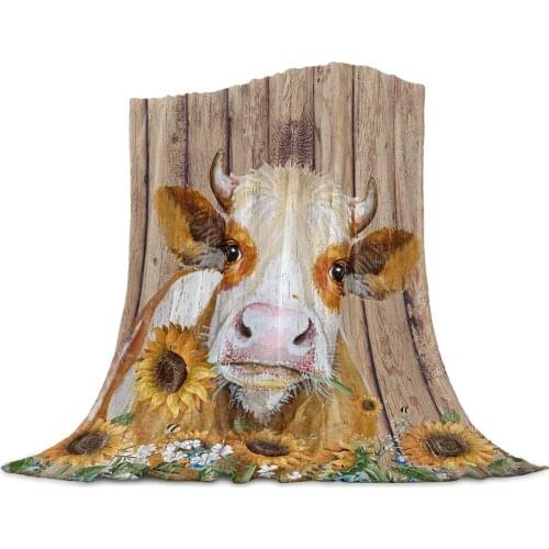 Cow Sunflower Farm Barn Wood Plank Texture Flannel Blankets For Sofa Beds Room Soft Fleece Blanket Bedspread Home Textile