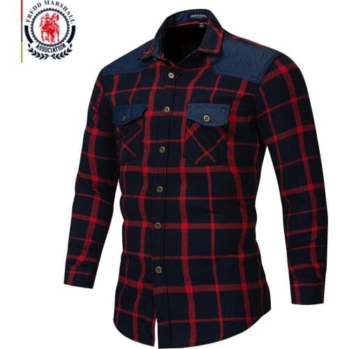 Fredd Marshall 2018 Autumn Double Button Down Pockets Plaid Shirt Long Sleeve Casual Patch Shirts Male Regular Fit Plus Size 172
