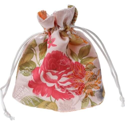 Classic Chinese Flower Embroidery Jewelry Bag Organizer Silk Traditional Pouch