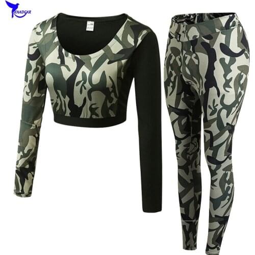 Long Sleeve Crop Top+Tights Women 2 Pcs Yoga Set Camouflage Gym Workout Clothing Sport Suit Running Jogging Fitness Tracksuit