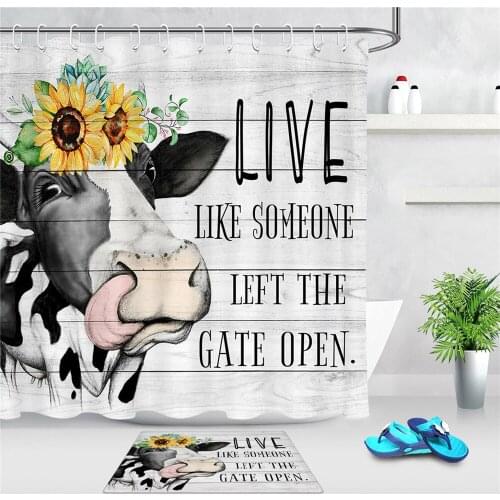 LB Hippie Farm Cow Shower Curtain Farmhouse Style Watercolor Cow with Yellow Sunflowers Bathroom Curtain Quote Words on Wood