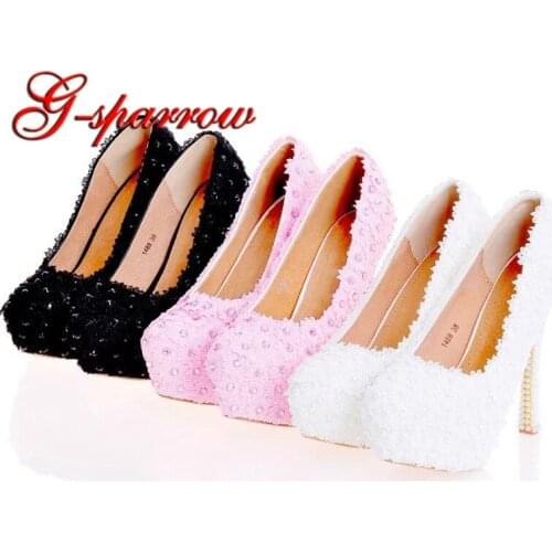 2018 Hot selling Wholesale Price Lace Flower Wedding Shoes Handmade Girl Birthday Party Shoes Female Party Prom Pumps Blue Black