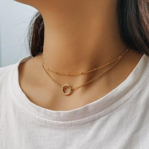 Fashion Round Circle Ring Charm Pendant Choker Necklace for Women Girls Stainless Steel Satellite Rolo Chain Jewelry DDN273