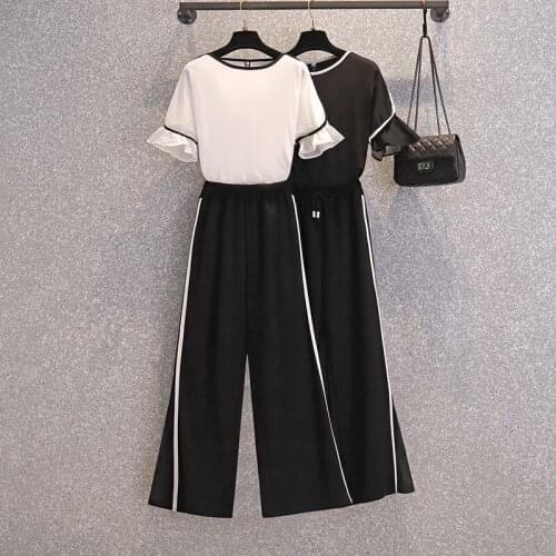 Fashion Contrasting colors Women Set Summer Casual Two Piece Set Short Sleeve Tops Shirt And Loose Pants Set Bottom Suit Outfits